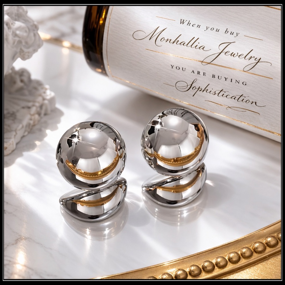 NEW SILVER SPHERE ARC STATEMENT BALL STUD EARRINGS